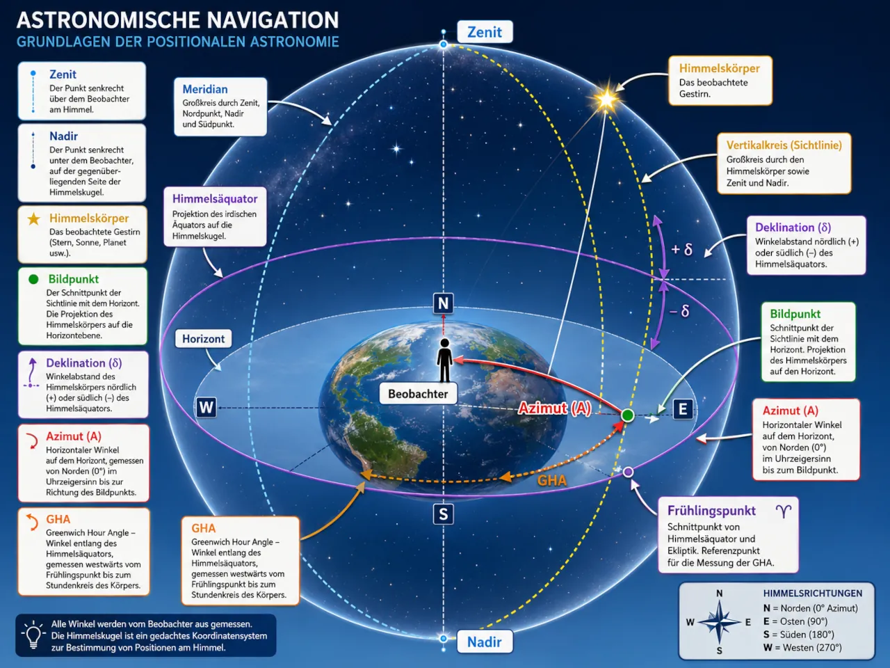 Astronavigation Zenith, Nadir, GHA, Frühlingspunkt, Deklination, Azimuth