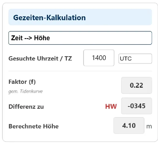 Bild ATT Gezeitenrechner Berechnung der Höhe nach Zeit oder einer Zeit für eine Höhe