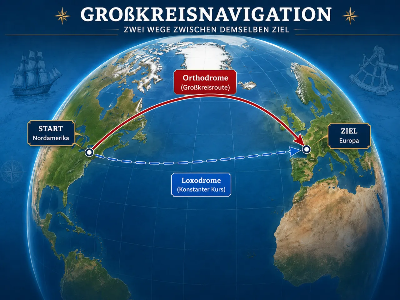 Unterschied Loxodrome und Orthodrome Navigation - Großkreisnavigationt