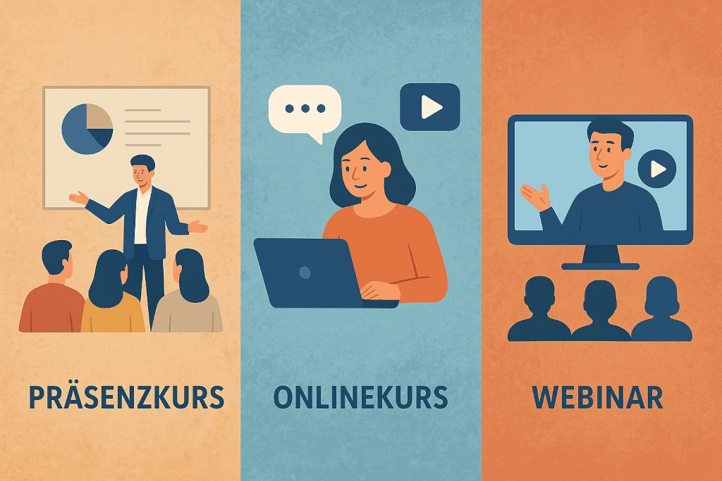 Vergleich eines Präsenzkurses mit einem Onlinekurs und einem Online-Live-Webinar bzw Webinar