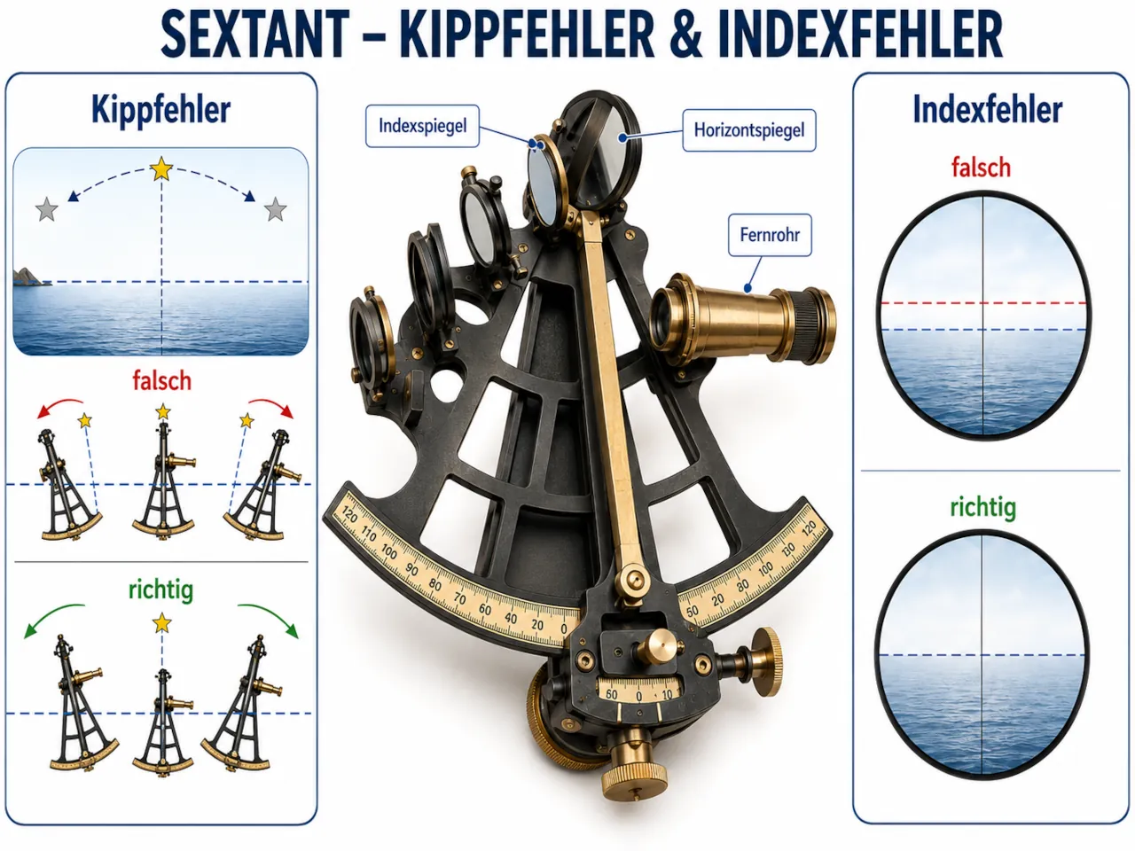 Erklärung des Kippfehlers und Indexfehlers an einem Sextant